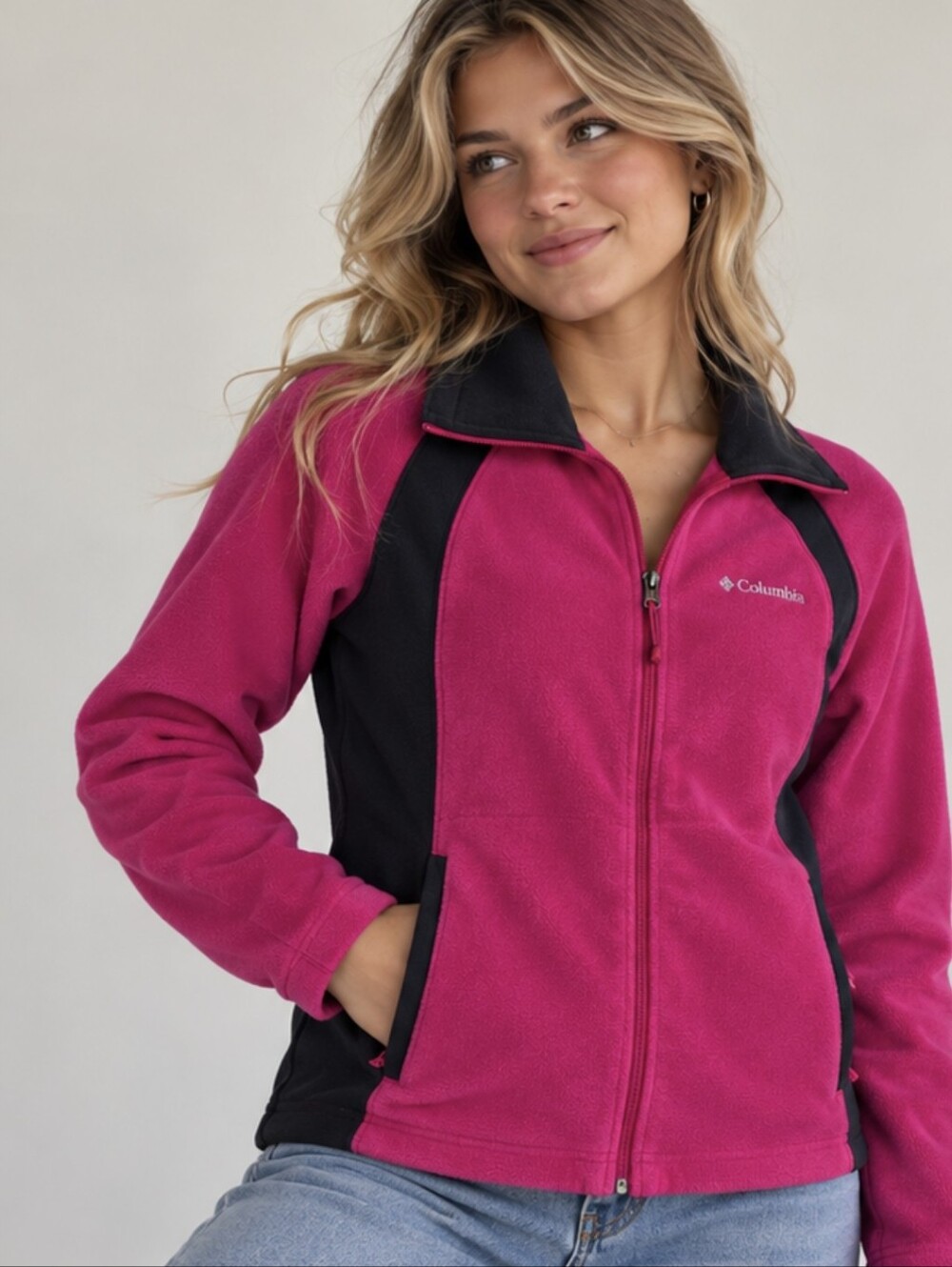 Columbia Women's Medium Pink Full Zip Fleece Jacket Black Trim Outdoor Hiking